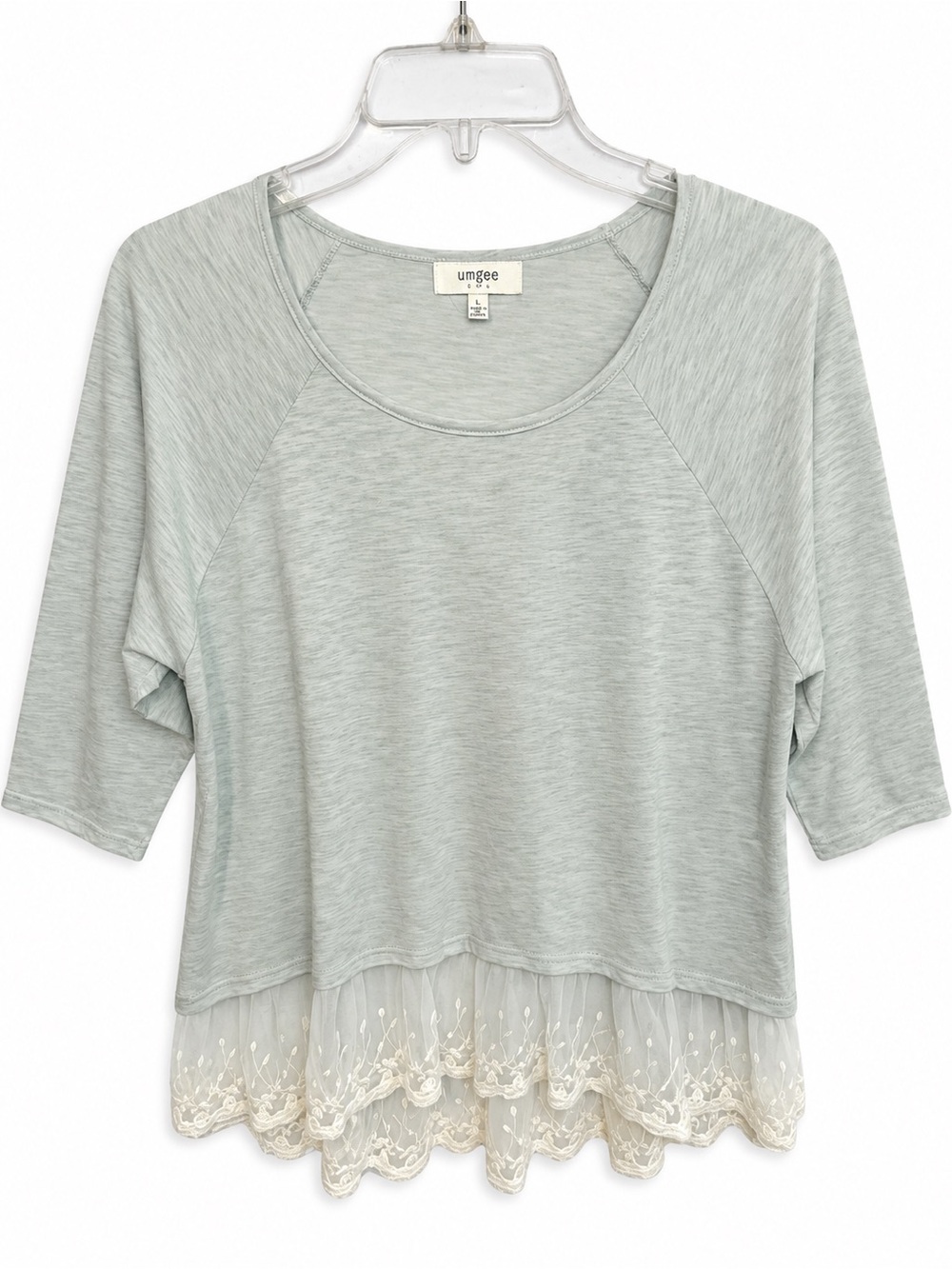 Umgee USA Women’s Large Light Grey Lace Hem Tunic Top 3/4 Sleeve Boho